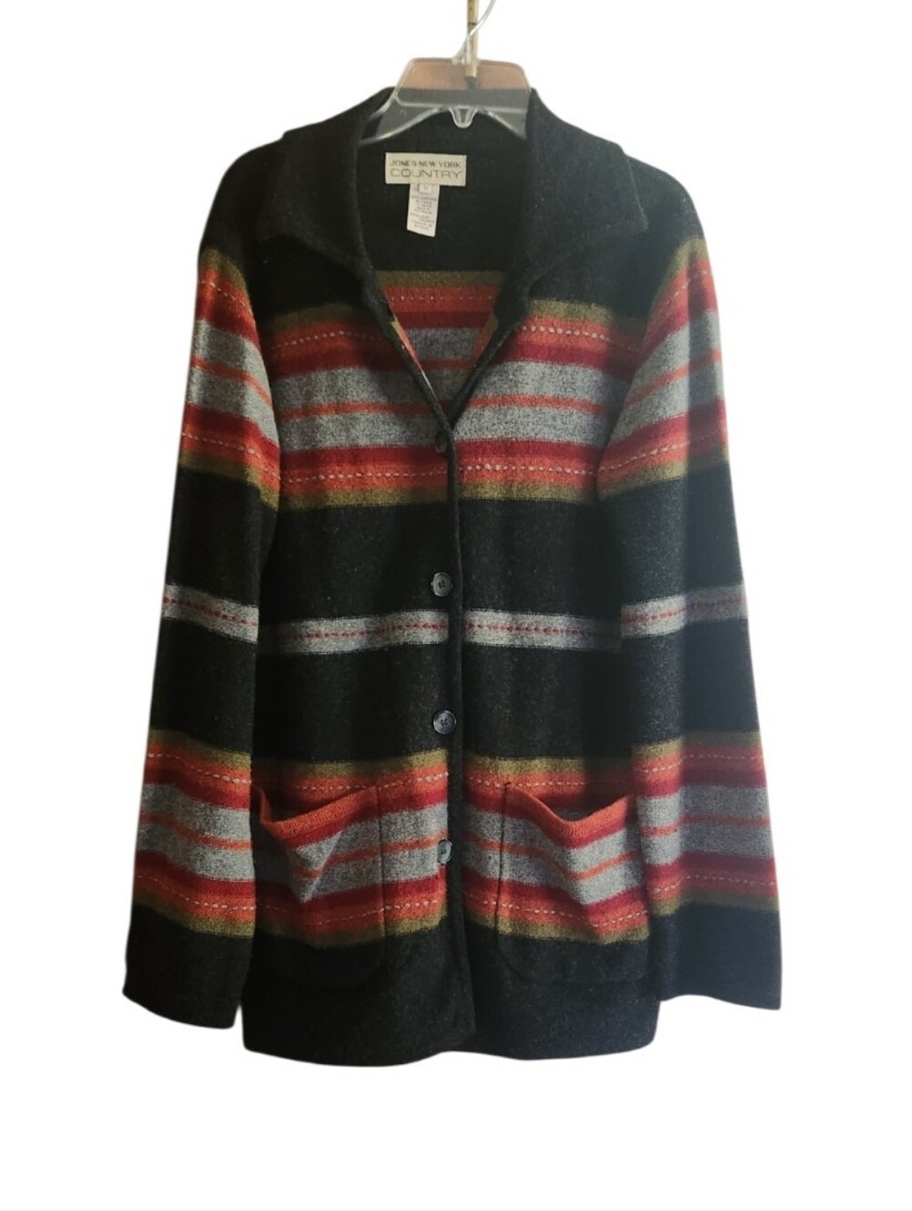 Jones New York Country Black Horizontal Striped Cardigan 100% Lambswool